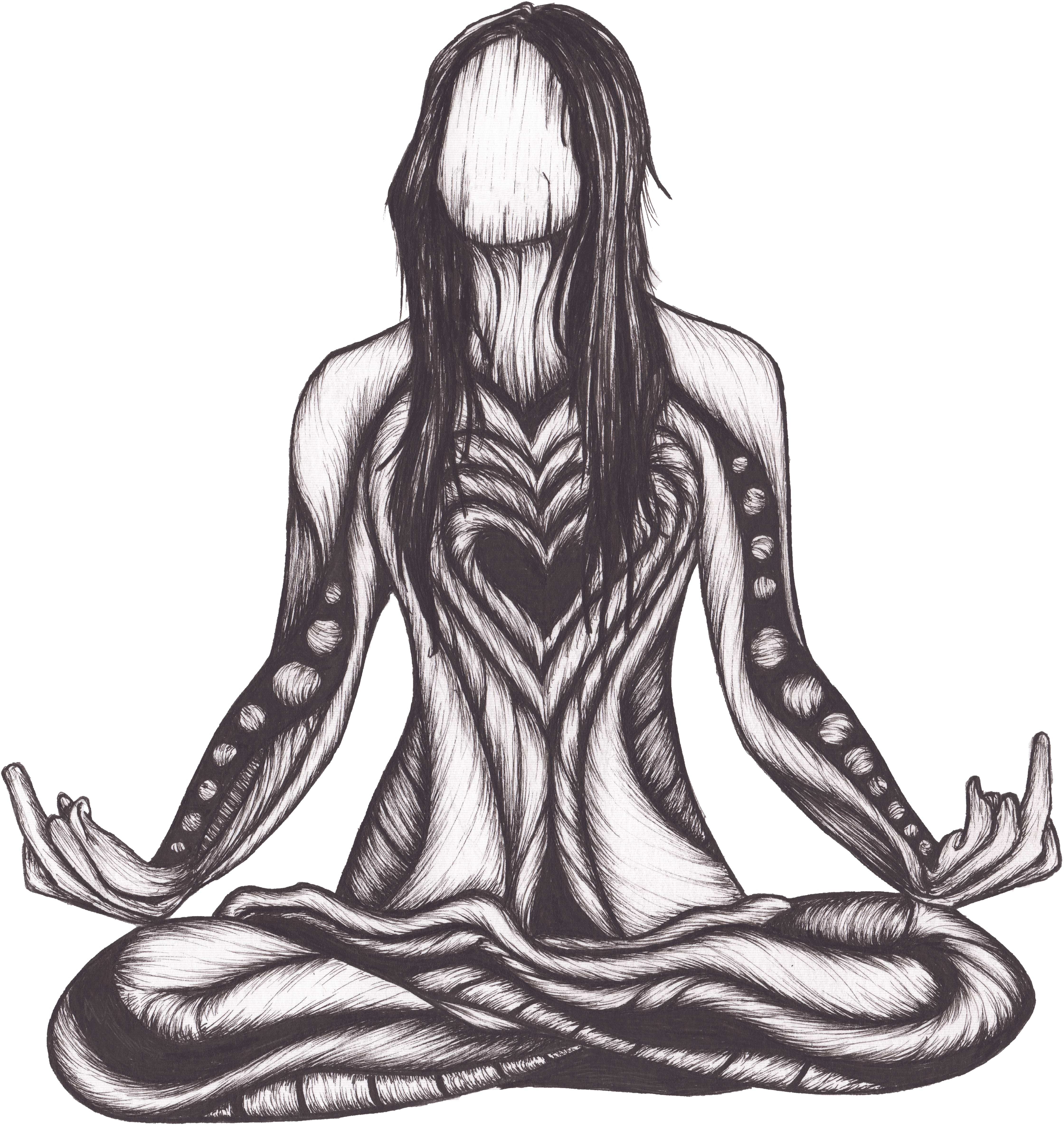 Namaste — pen-and-ink visionary art by Rusty Smith depicting a meditating figure with a heart at the chest and moon phases along the arms